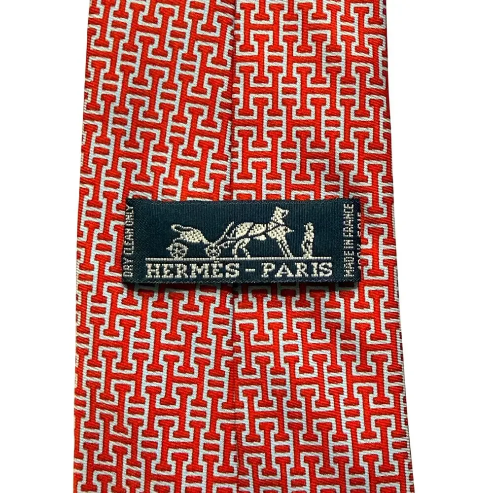 Hermès Paris Red Geometric Micro Print 100% Silk Necktie